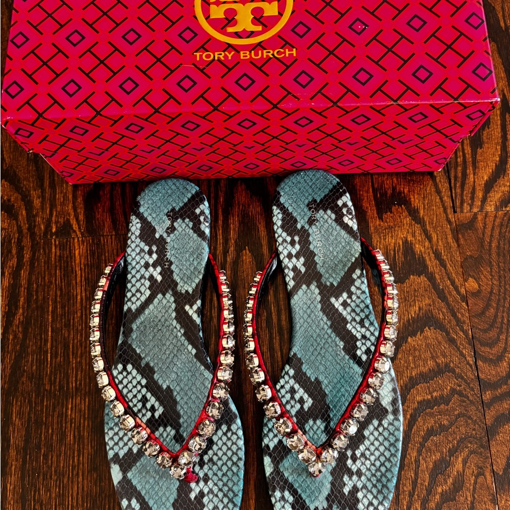 Tory Burch Teal Snakeskin Flip Flops with Crystal-Trim Straps